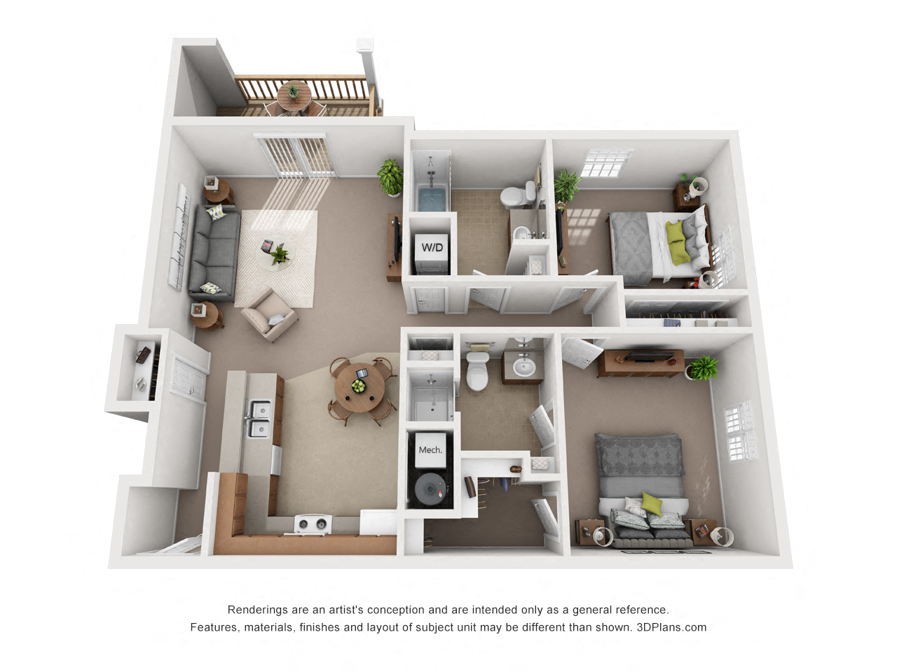 Floor plan for 2 beds, 2 baths, 950 sqft